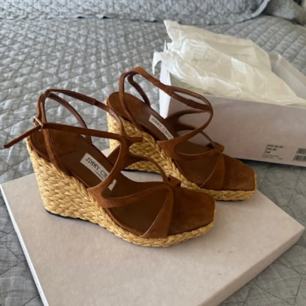 Jimmy Choo Brown Suede Espadrille Wedge Sandals